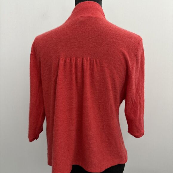 Eileen Fisher Large Pink Coral 100% Cashmere 3/4 Sleeve Cardigan Sweater W/hole - Picture 2 of 15